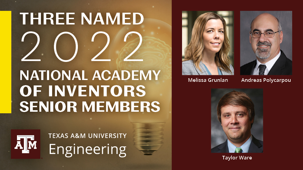 一个网络横幅上写着“三位被任命为2022年国家发明家学院高级成员”和学院标志，上面有梅丽莎·格伦兰、安德烈亚斯·波利卡普和泰勒·韦尔的头像。