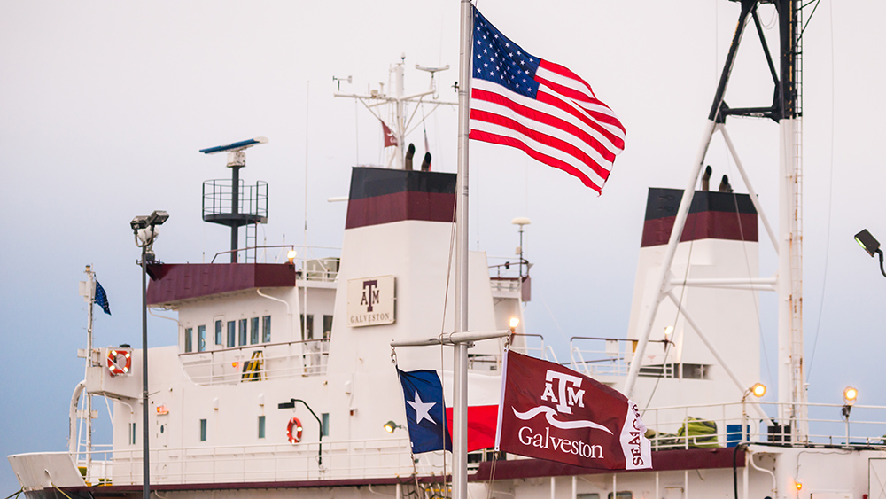 一艘带有德州A&M Galveston标志的船自豪地展示着迎风飘扬的美国国旗、德州旗和德州A&M Galveston旗。