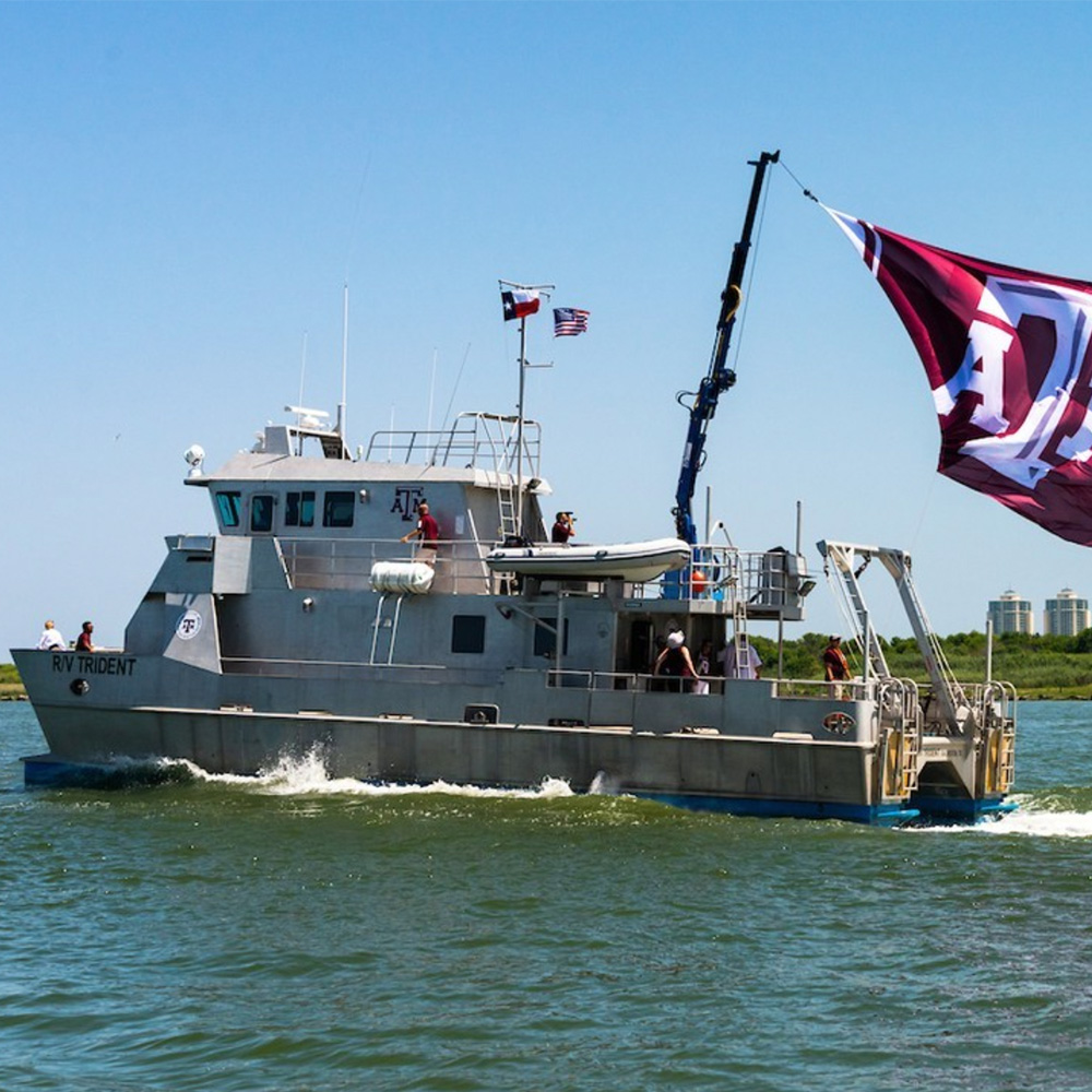 以R/V Trident命名的大型船只，悬挂德克萨斯州A&M旗帜
