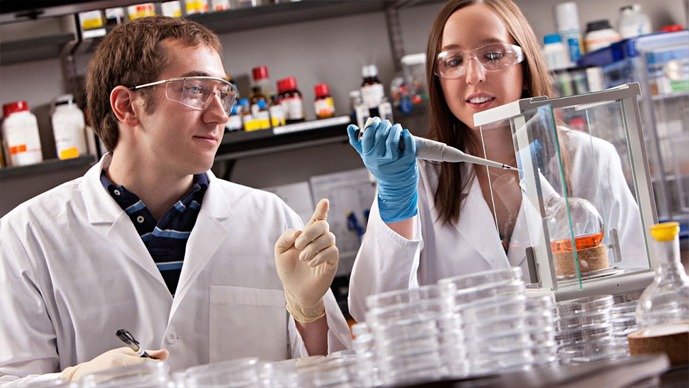 穿着白大褂的生物医学学生在实验室里研究