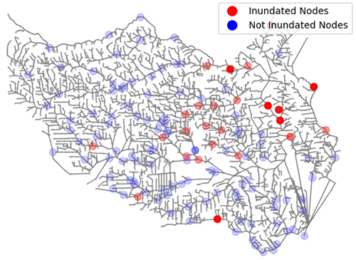 Mostafavi的基于概率的模型在起作用。蓝色圆圈表示有小概率被淹没的节点，而红色圆圈表示有较高概率被淹没的节点。红色越深，水淹的概率越高。|图片:Ali Mostafavi博士提供。