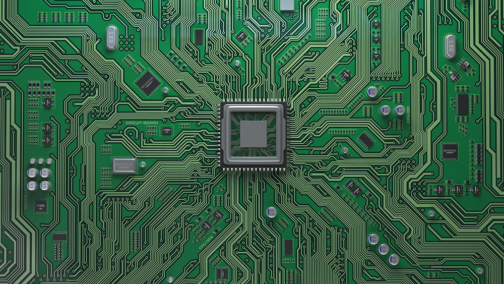 一个近距离的主板与中央的微芯片。