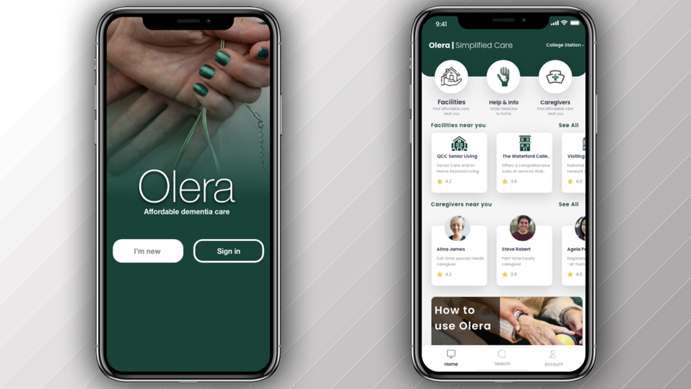 Olera应用程序的原型，其中包括名称以及示例老年护理设施和联系人的列表。