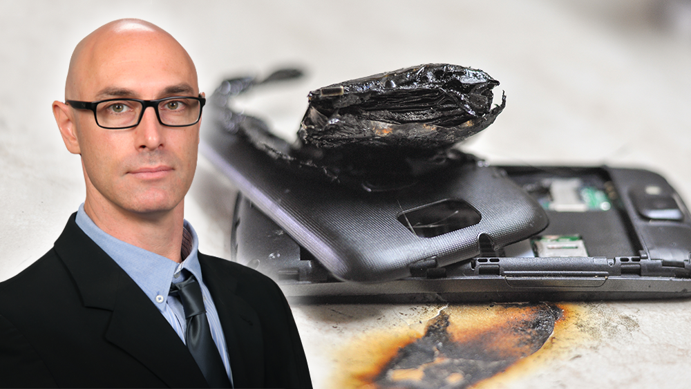 奥利维耶·马蒂厄博士和一个电池耗尽的手机图像。