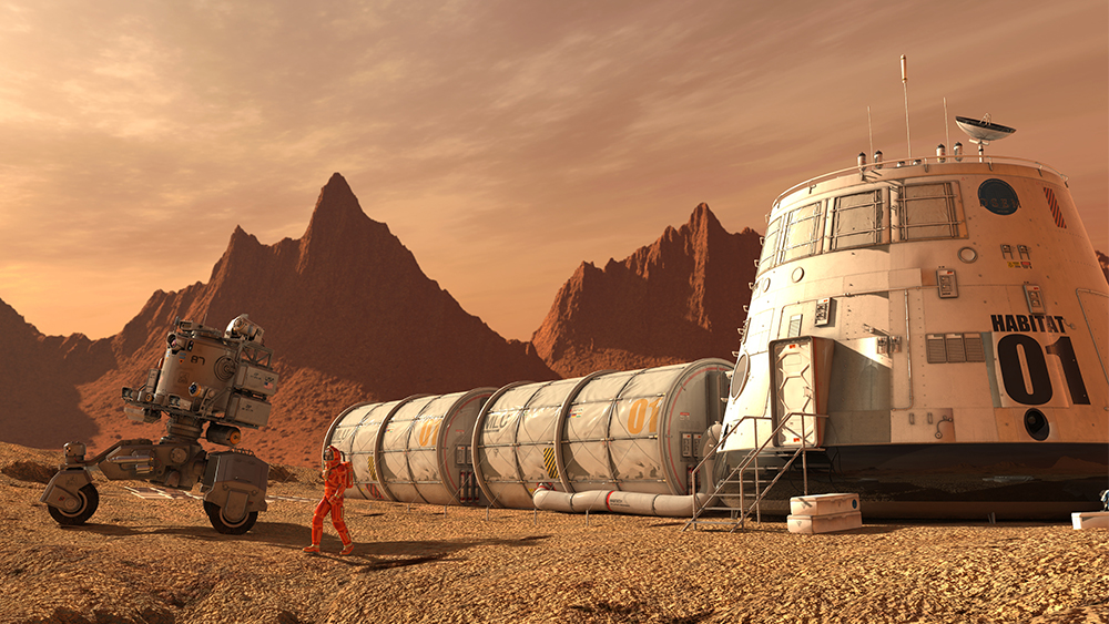 一名宇航员在火星上走在一个空间结构和飞行器旁边。