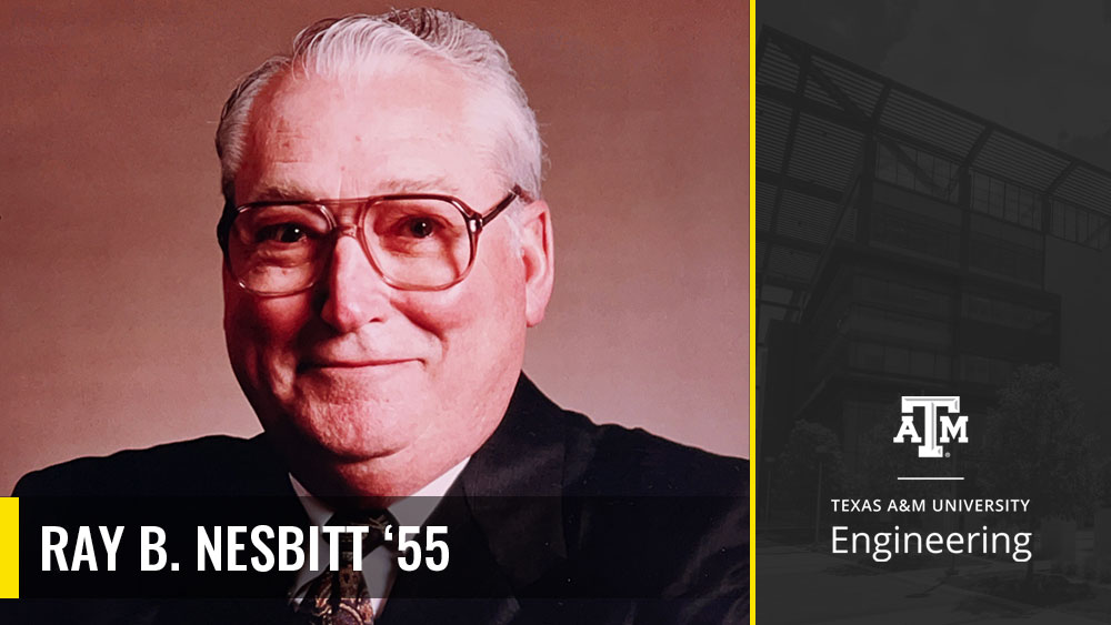 雷·b·内斯比特(Ray B. Nesbitt) 55年的头像，上面覆盖着德州农工大学工程学院的标志。bob官方体育appios
