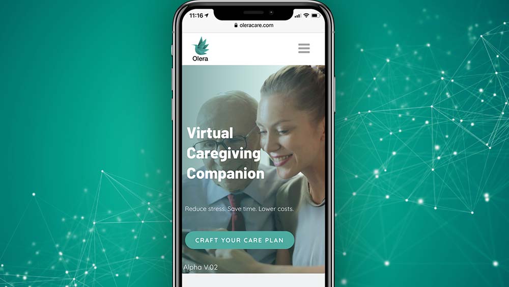 Oleracare.com平台的演示屏幕，包括一张年长男性和年轻护理人员的照片，以及“虚拟护理伴侣”的字样。