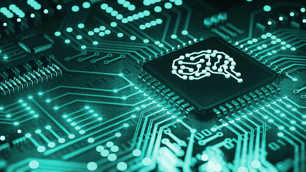 3D渲染的电路板上的大脑芯片，以代表智能技术