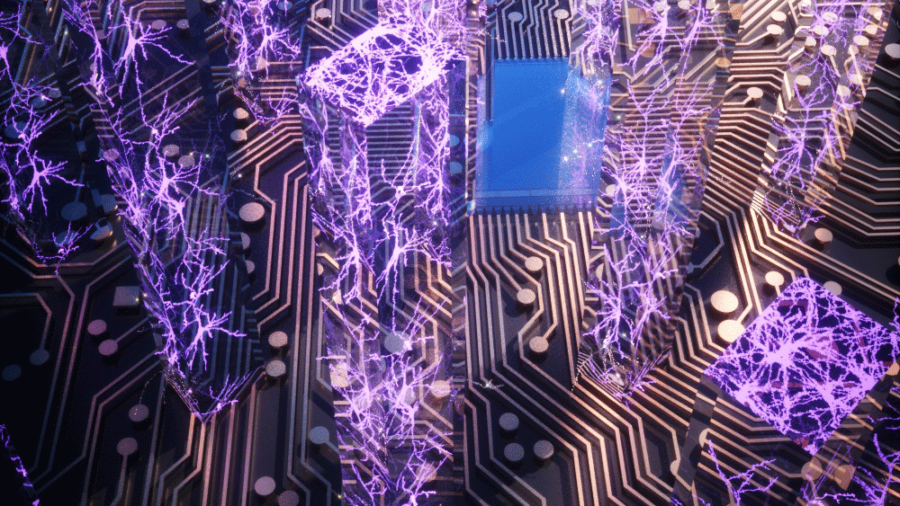 大脑神经元向上延伸的微芯片的抽象图形。