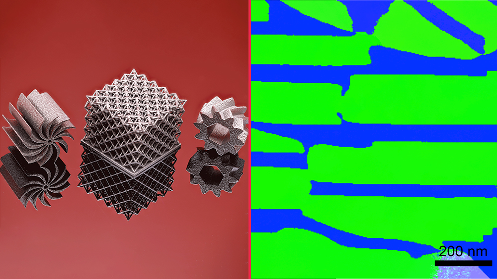 在左边是一个印刷散热风扇，八隅晶格和齿轮从共晶高熵合金。右边是电子进动衍射显示的打印时共晶高熵合金的纳米层状结构图像。
