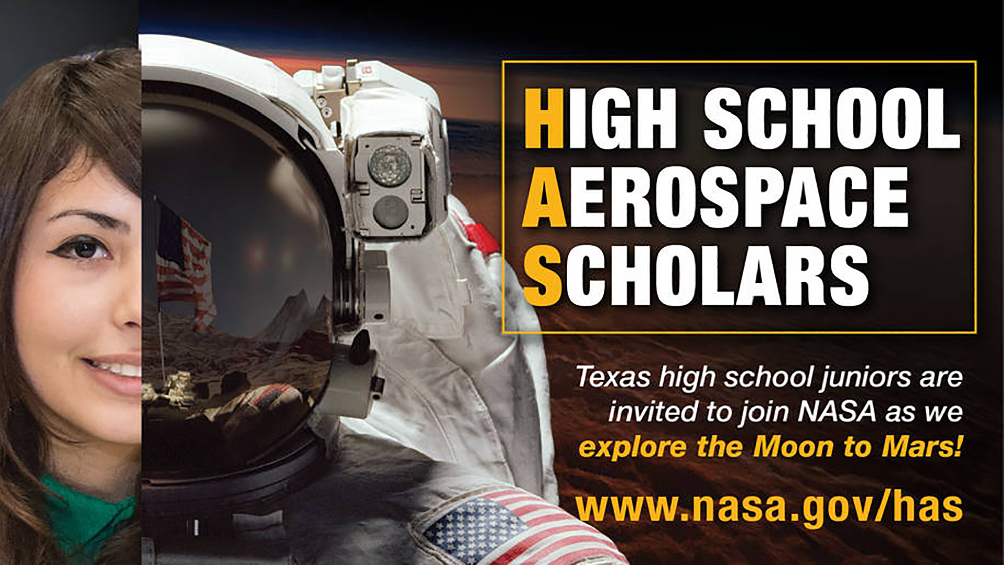 女高中生，宇航员，和读高中航空航天学者的文本。德克萨斯州的高中三年级学生被邀请加入美国宇航局，一起探索月球到火星!www.nasa.gov已经